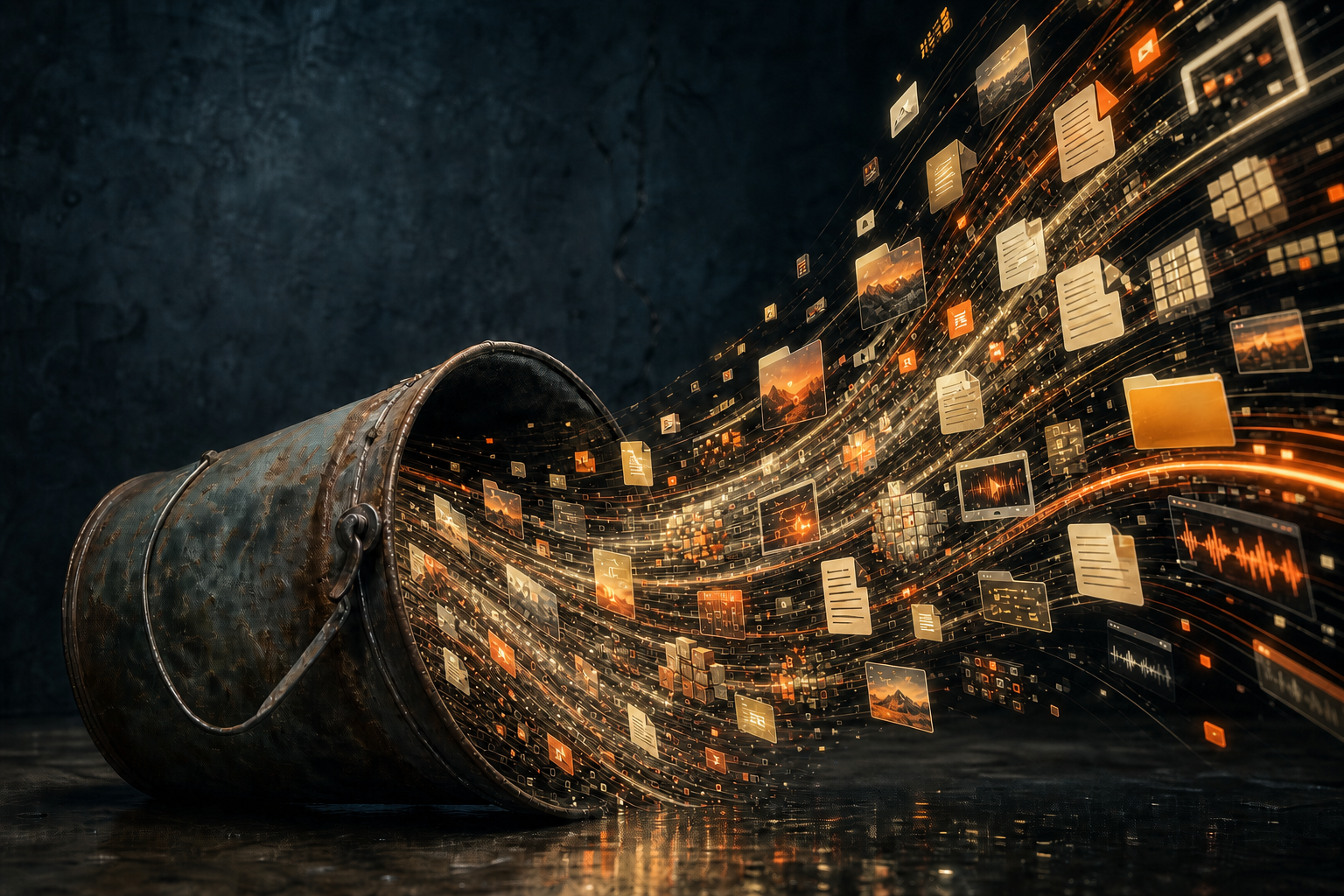 Digital Data Spilling from Bucket in Warm Tones
